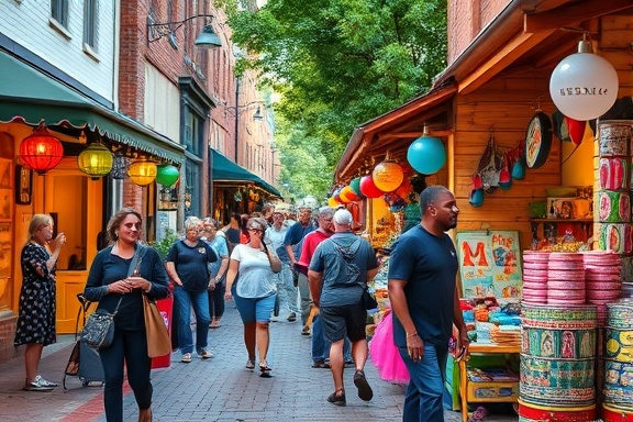 Vibrant Spartanburg culture, vibrant, locals engaging in street festivities, photorealistic, colorful market stalls lining the cobblestone paths, highly detailed, street performers and artists, high-definition capture, rich and diverse colors, ambient lighting, shot with a 50mm lens.