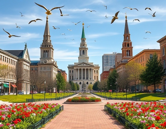 historic Greenville landmarks, proud expression, standing tall, photorealistic, surrounded by blooming flowers and clear pathways, highly detailed, birds flying across the sky, aperture f/8, vibrant green and red, natural daylight, shot with a 50mm prime lens.