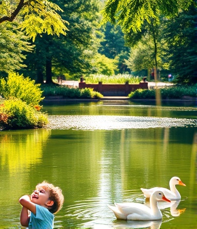 tranquil Greenville parks, relaxed expression, children playing, photorealistic, amidst lush greenery and a shimmering pond, highly detailed, ducks swimming gently, high dynamic range, soft pastel colors, dappled sunlight, shot with a 70-200mm telephoto lens.
