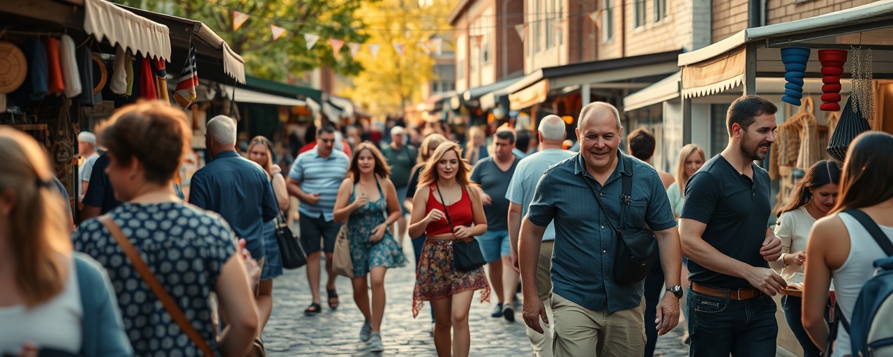 bustling upstate community, lively expression, engaging in a local market festival, photorealistic, along cobblestone streets lined with vendor stalls and artisanal crafts, highly detailed, dynamic movement of people, shallow depth of field, warm, diverse colors, golden hour glow, shot with a 50mm lens