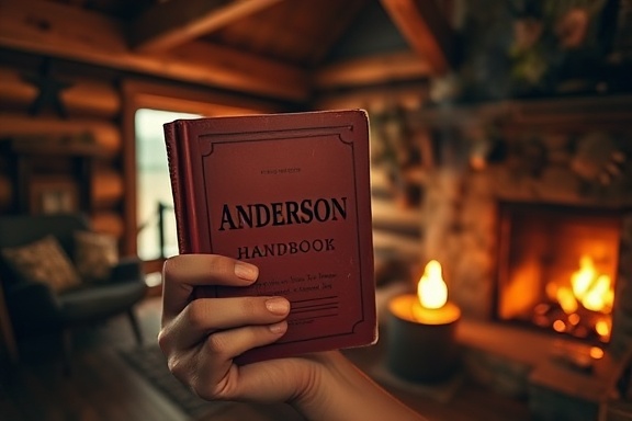 vintage Anderson handbook, reflective, holding it while standing in a rustic cabin, photorealistic, surrounded by wooden decor and a warm fireplace, highly detailed, smoke subtly trailing from a chimney in the distance, wide angle, warm tones, golden hour glow, shot with a 24mm lens.