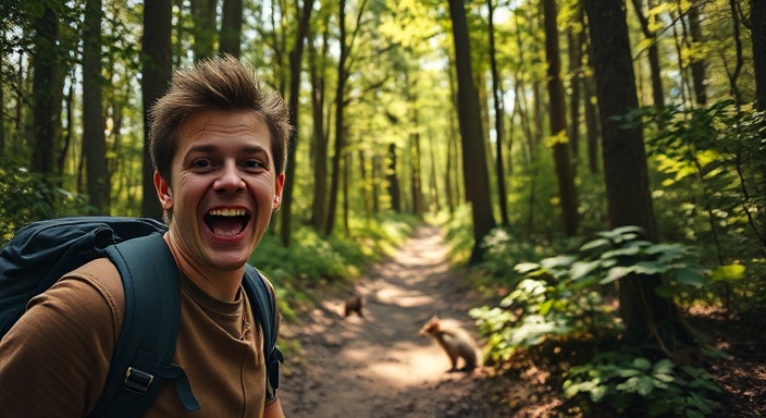 adventurous upstate travel, excited expression, hiking through a forest trail, photorealistic, dense woods with sunlight peeking through, highly detailed, squirrels scampering around, 50mm lens, vibrant earth tones, dappled sunlight, shot with a Panasonic Lumix S1.