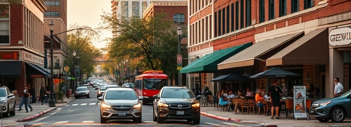 bustling Greenville streets, lively expression, buzzing with activity, photorealistic, with charming cafes and bustling pedestrians, highly detailed, cars passing by, long exposure shot, earthy tones, golden hour lighting, shot with a 35mm fixed lens.