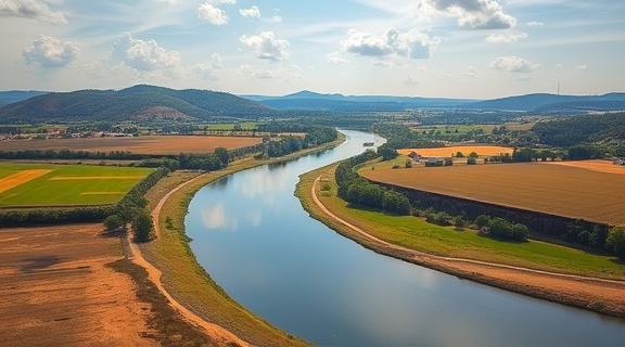 Scenic Spartanburg landscapes, tranquil, a peaceful river winding through valleys, photorealistic, vast open fields under a big blue sky, highly detailed, reflections in the water, HDR settings, soothing pastel colors, soft afternoon light, shot with a panoramic lens.