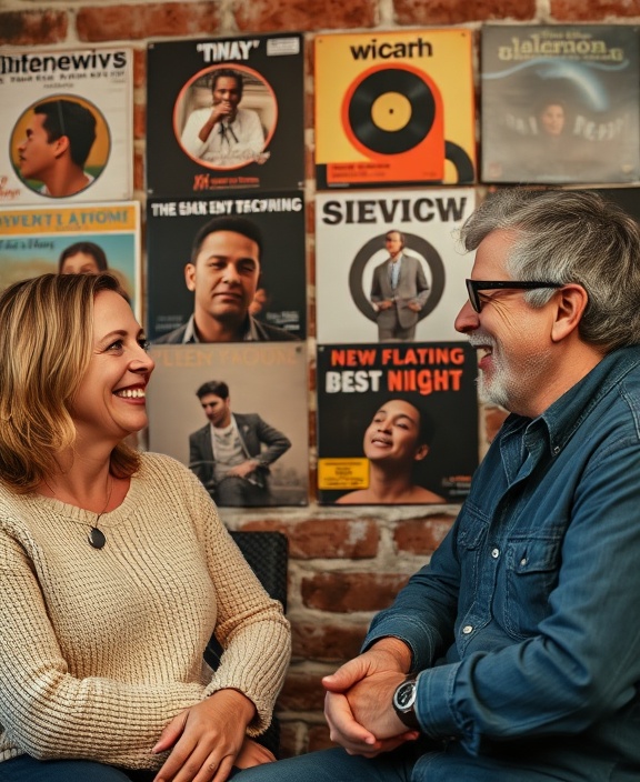 candid interview upstate, shared laughter, capturing personal anecdotes, photorealistic, set against an exposed brick wall adorned with classic album covers, highly detailed, depicting the warmth of human connection, 8K resolution, vibrant and colorful, soft, directional lighting, shot with a 35mm wide-angle lens