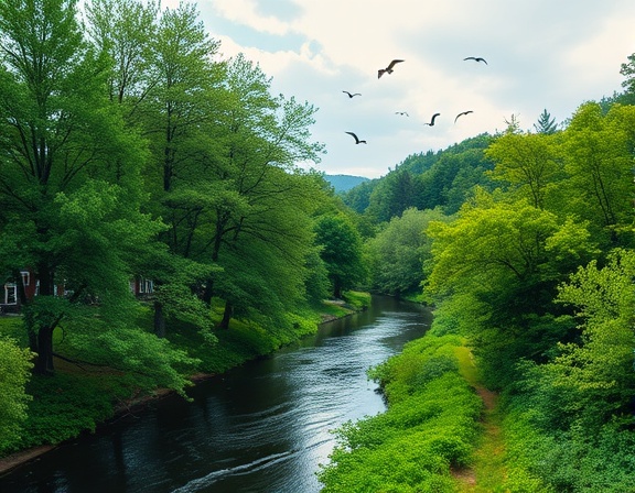 picturesque upstate nature, peaceful mood, trees swaying softly, photorealistic, lush greenery alongside a winding river, highly detailed, birds soaring through the sky, 24mm lens, vibrant blues and lush greens, diffused natural light, shot with a Sony A7 III.