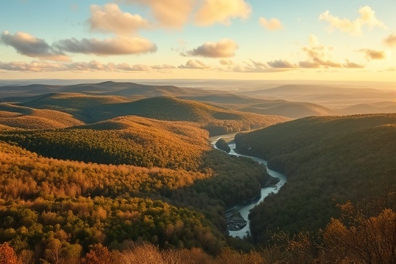 Majestic Spartanburg landscapes, awe-inspiring, stretching towards the horizon, photorealistic, rolling hills with streams and dense forests, highly detailed, clouds gently moving across the sky, ultra HD quality, earthy tones, golden hour lighting, shot with an 85mm lens.