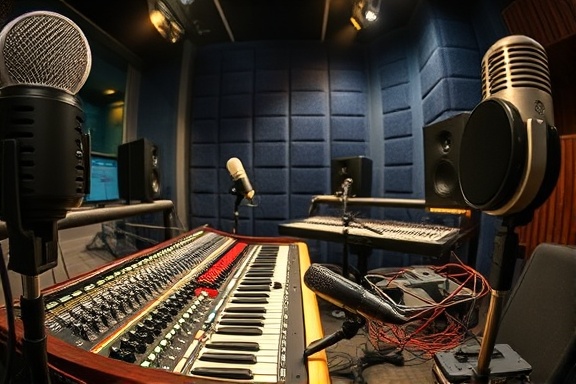 engaging upstate studio, focused intensity, mixing tracks on a soundboard, photorealistic, amidst an array of vintage microphones and soundproof panels, highly detailed, highlighting the intricacies of sound modulation, ultra-high definition, rich in contrast, spotlight effect, shot with a 24-70mm zoom lens