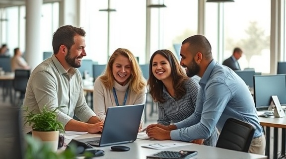 collaborative referral collaboration, enthusiastic expression, working together on a project, photorealistic, co-working space with collaborative workstations, highly detailed, interactive technology in use, 10k resolution, pastel colors, natural sunlight through windows, shot with a 24mm lens