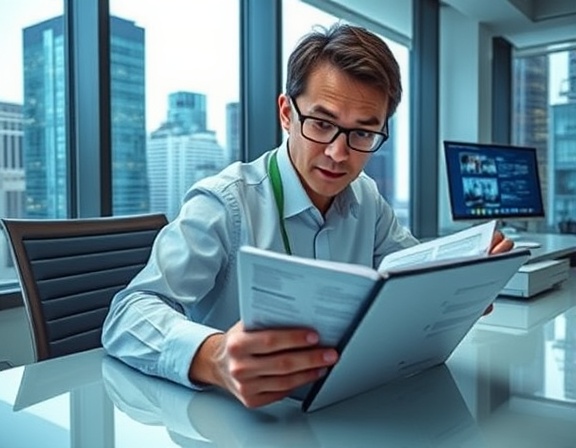 modern Anderson directory, curious, skimming through pages on a digital tablet, photorealistic, on a sleek office desk with cityscape view, highly detailed, screens reflecting in glasses, high resolution, cool colors, LED office lighting, shot with a 35mm lens.