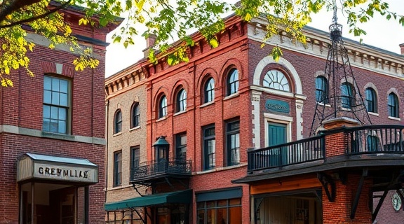 charming Greenville landmarks, nostalgic expression, echoing history, photorealistic, amid historic brickwork and ornate details, highly detailed, leaves rustling in the breeze, f/16 for depth of field, warm brick and stone colors, directional sunlight, shot with a 24-70mm zoom lens.