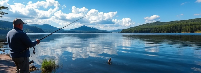 idyllic upstate landscape, serene outlook, fishermen casting lines, photorealistic, crystal-clear lake reflecting skies, highly detailed, fish leaping above water, 70-200mm lens, serene blues and greens, early morning mist, shot with a Canon EOS 5D Mark IV.