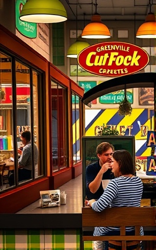 vibrant Greenville businesses, inviting expression, welcoming customers, photorealistic, with colorful storefronts and lively decor, highly detailed, patrons chatting over coffee, f/1.8 for bokeh, warm and inviting tones, interior lighting enhancements, shot with a 50mm prime lens.