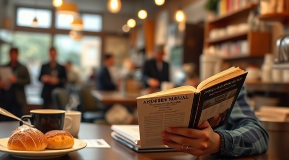 well-thumbed Anderson manual, absorbed, examining notes in a bustling coffee shop, photorealistic, aromatic coffee and pastries on the table, highly detailed, steam rising from a mug, ambient focus, warm color palette, cozy ambient lighting, shot with a 50mm lens.