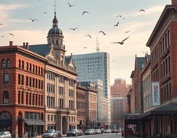 Charming Spartanburg architecture, elegant, standing tall amidst urban charm, photorealistic, historic buildings with intricate facade designs, highly detailed, birds flying across the skyline, DSLR depth of field, muted colors, midday sunlight, shot with a 35mm prime lens.