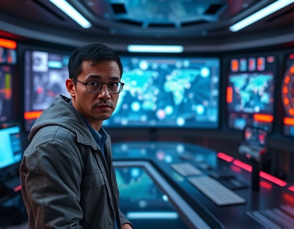 efficient referral network, determined expression, mapping connections on a digital screen, photorealistic, futuristic control room with glowing interfaces, highly detailed, reflections on polished surfaces, 6k resolution, neon colors, ambient light, shot with a wide-angle lens