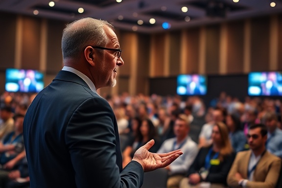 strategic partnership strategy, contemplative expression, presenting on stage, photorealistic, conference hall filled with attentive audience, highly detailed, multimedia presentations in view, 5k resolution, bold colors, spotlight illumination, shot with a 70-200mm lens