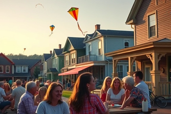 quaint upstate lifestyle, relaxed ambiance, people enjoying a picnic, photorealistic, small town with historic buildings, highly detailed, children flying kites, 85mm lens, warm pastels, soft afternoon light, shot with a Fujifilm X-T4.