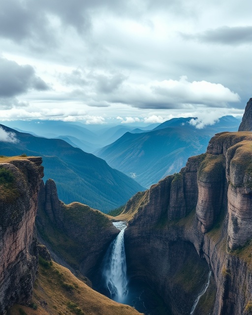 breathtaking upstate scenery, awe-inspiring view, clouds drifting lazily, photorealistic, panoramic view of mountain ranges, highly detailed, cascading waterfalls, 35mm lens, deep blues and earthy browns, overcast lighting, shot with a Nikon D850.